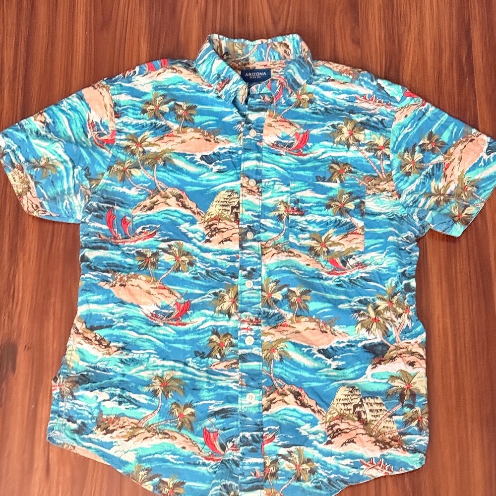 Arizona Jean Co. Hawaiian Shirt Palm‎ Tree Print Button Up Shirt Mens M